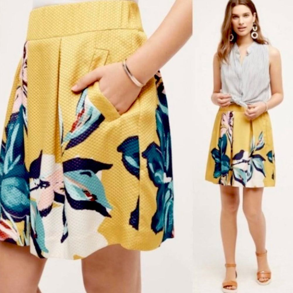 Anthropologie Maeve Yellow Gold Floral Bird Print Skirt - Picture 3 of 11